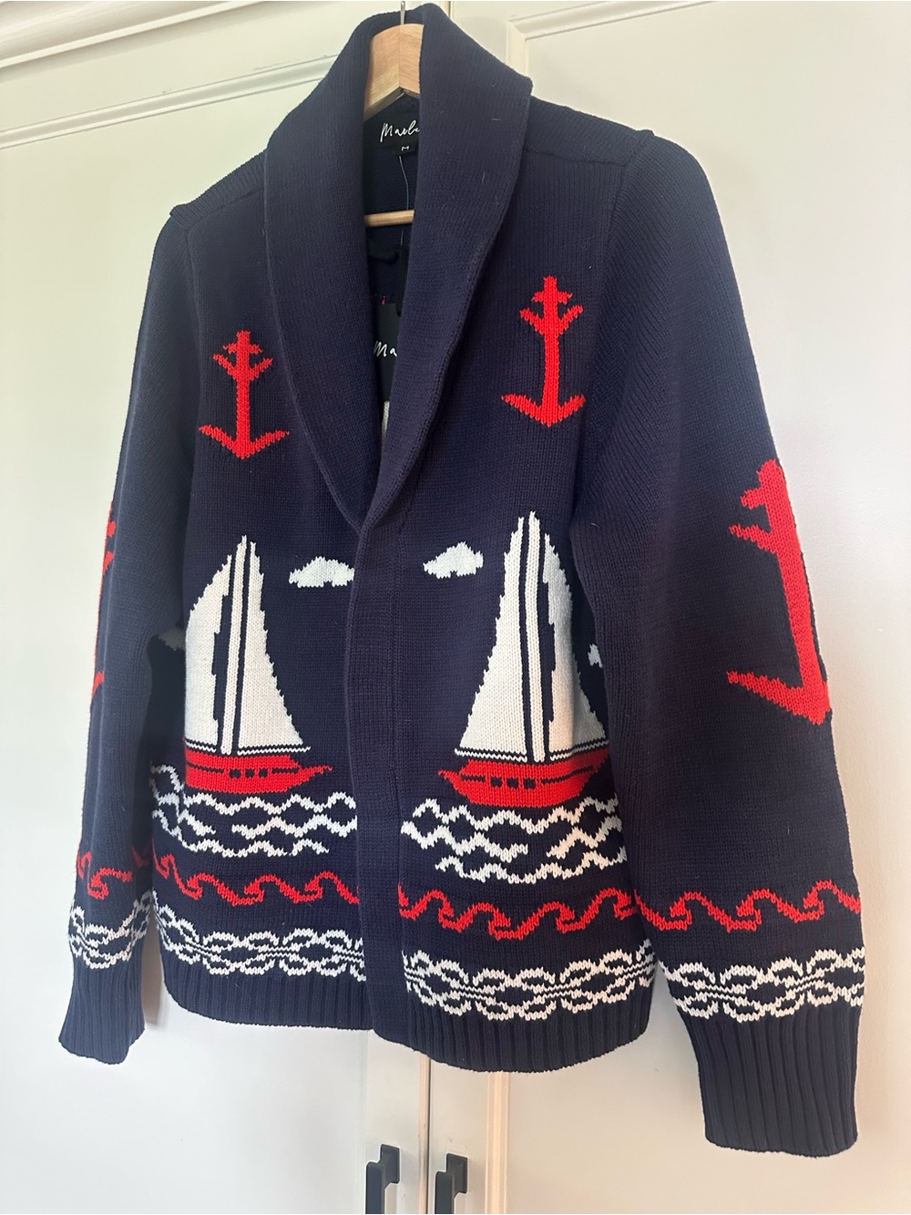 Marled Nautical sailboat Shawl Collar cardigan. The great Nautical cardigan